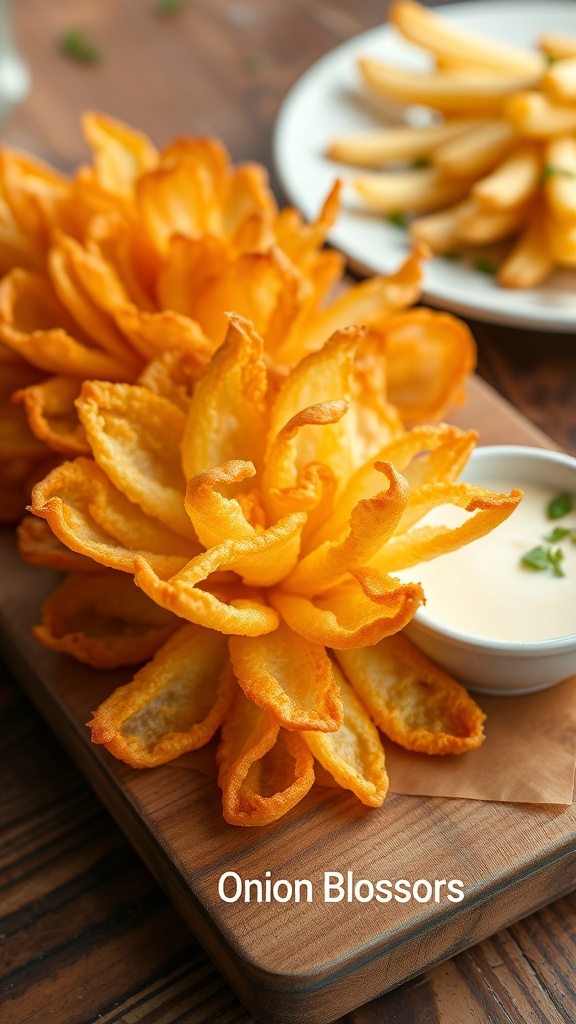 A crispy fried onion blossom served with dipping sauce on a wooden platter.